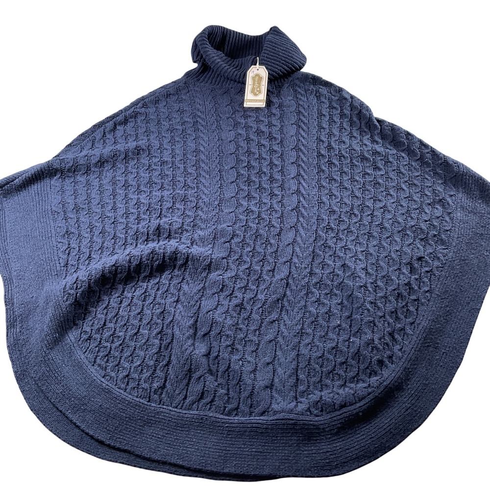 NEW Mud‎ Pie Cable Knit Poncho Blue Turtleneck One Size Knitwear Cover Up Cape